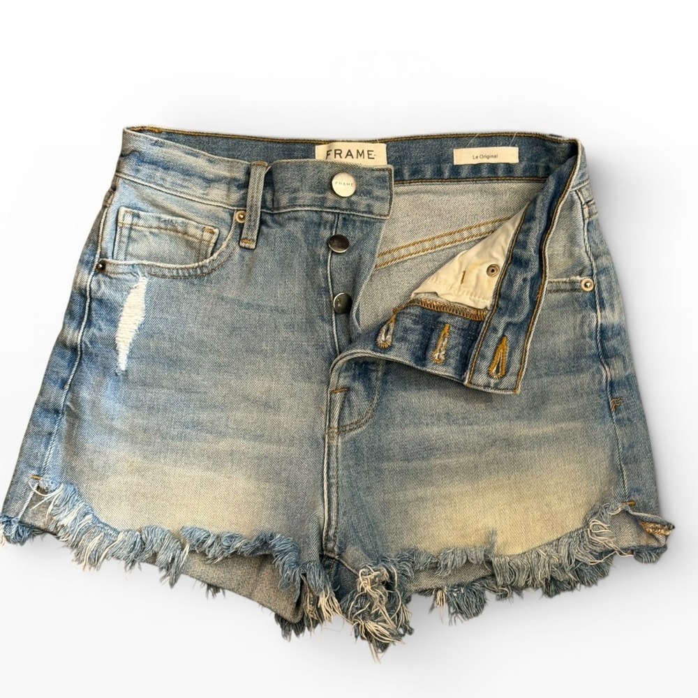 Frame Denim Le Original Chloe High Rise Button Fly Frayed Denim Shorts Size 24